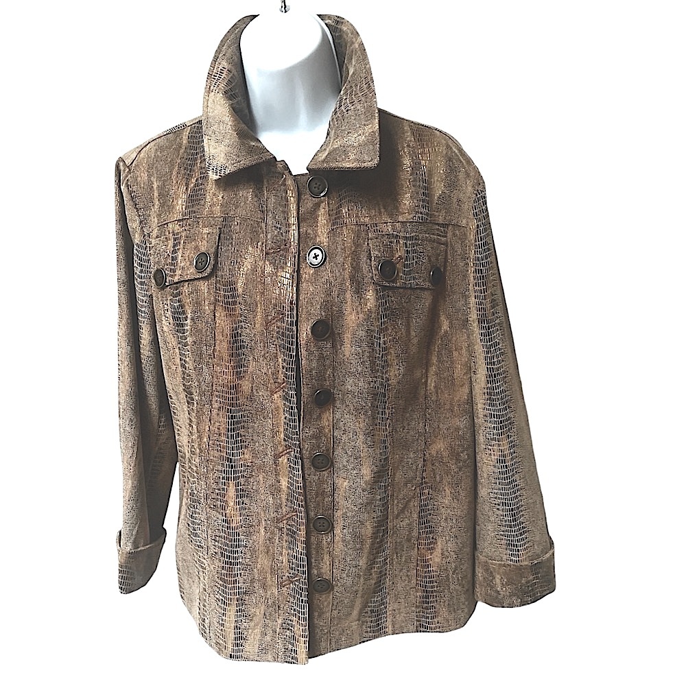 Like new Chico's Brown and metallic thread Jacket Size 2. Feels like flannel.